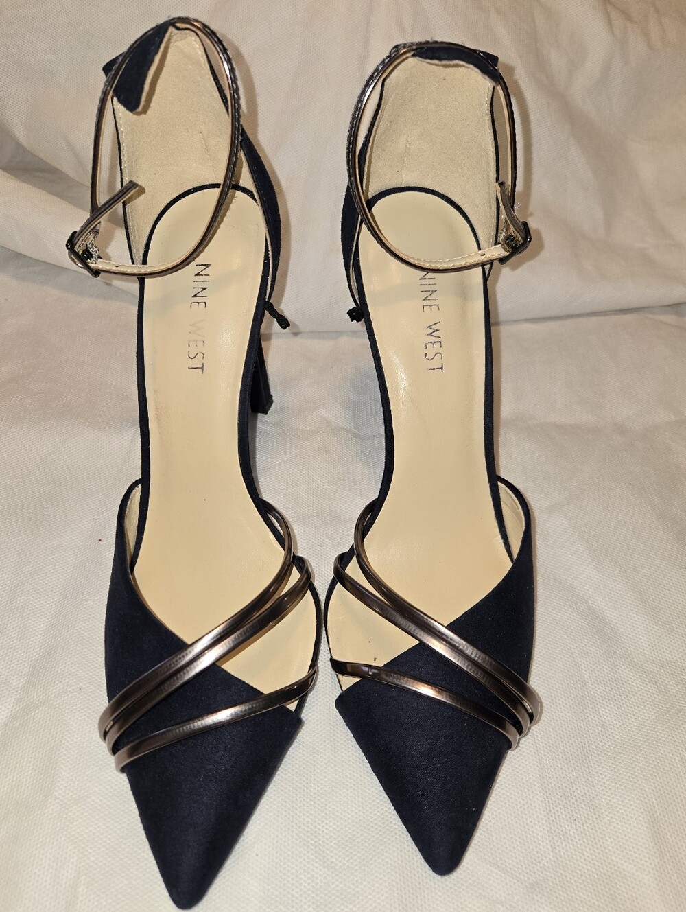 Nine West Black Pointed Toe Ankle Strap Heels with Metallic Straps